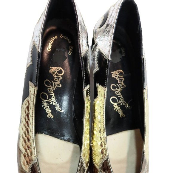 Vintage 60s 70s ROSINA FERRAGAMO SCHIAVONE 8M Snakes Skin Gold Silver Heels Shoe - Picture 7 of 11